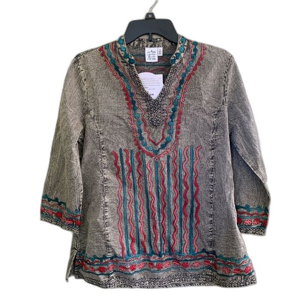 PARSLEY & SAGE embroidered tunic top blouse boho chic grey teal red sz S NWT - Picture 1 of 15